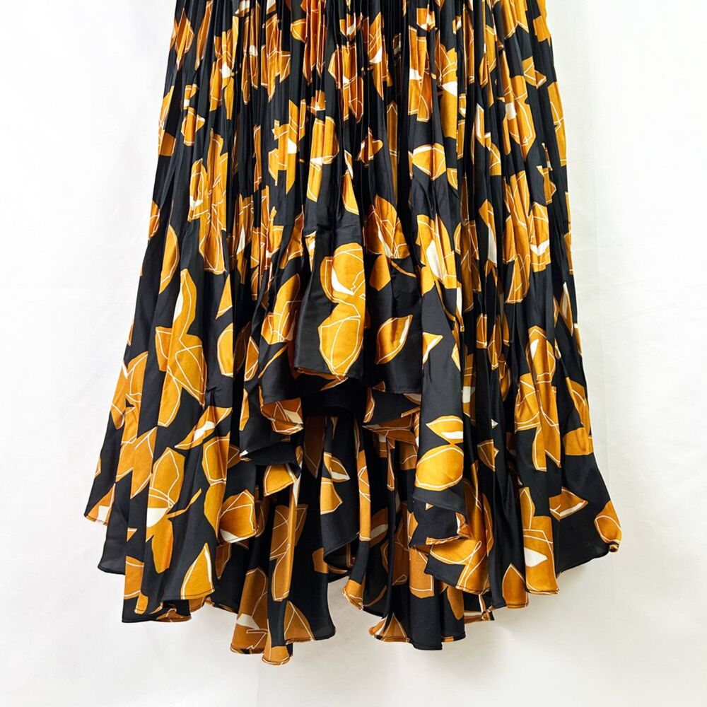 SIMKHAI Black & Gold Floral Ames Midi Dress (8) Pleated Plissé-Satin - Picture 8 of 16